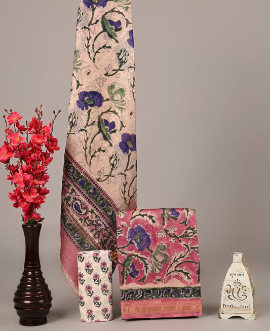 Lavender Floral Handblock Printed Maheshwari Silk Suit Set