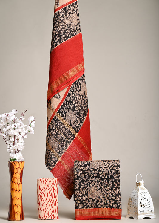 Bagru Handblock Printed Maheshwari Silk Suit with Red Zari Border – Black Floral Elegance