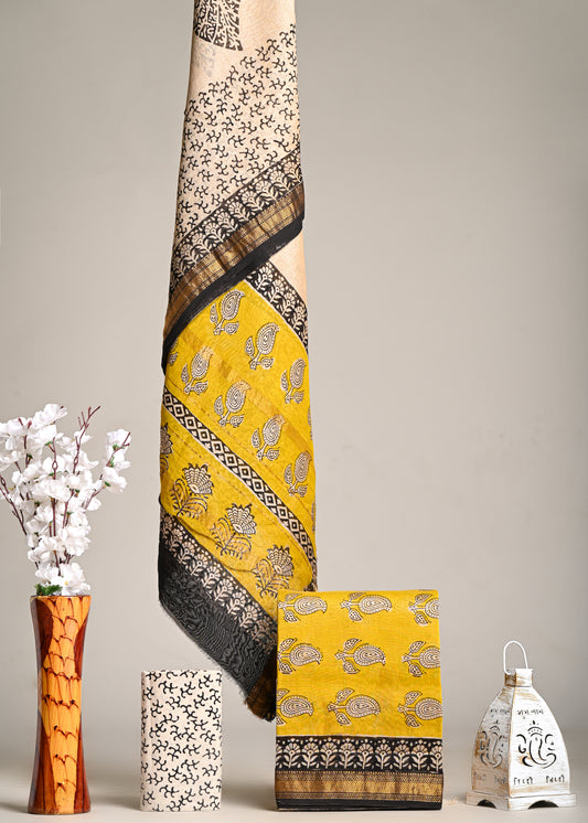 Mustard Yellow Maheshwari Silk Handblock Printed Suit – Paisley & Floral Design