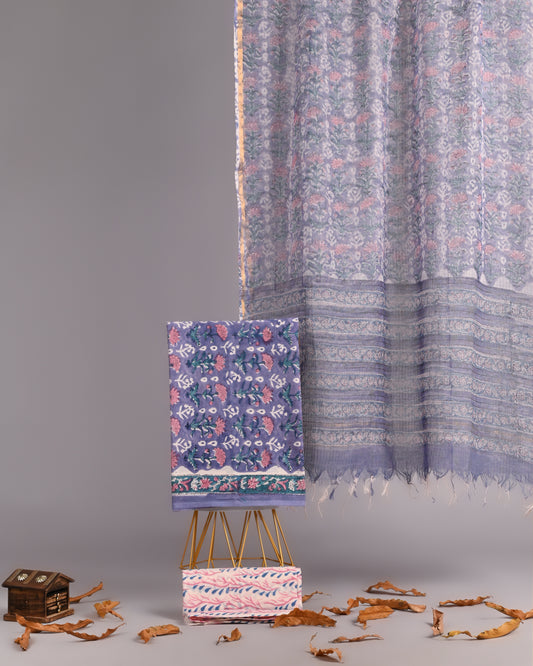 Sanganeri Handblock Printed Cotton Suit with Kota Doria Dupatta