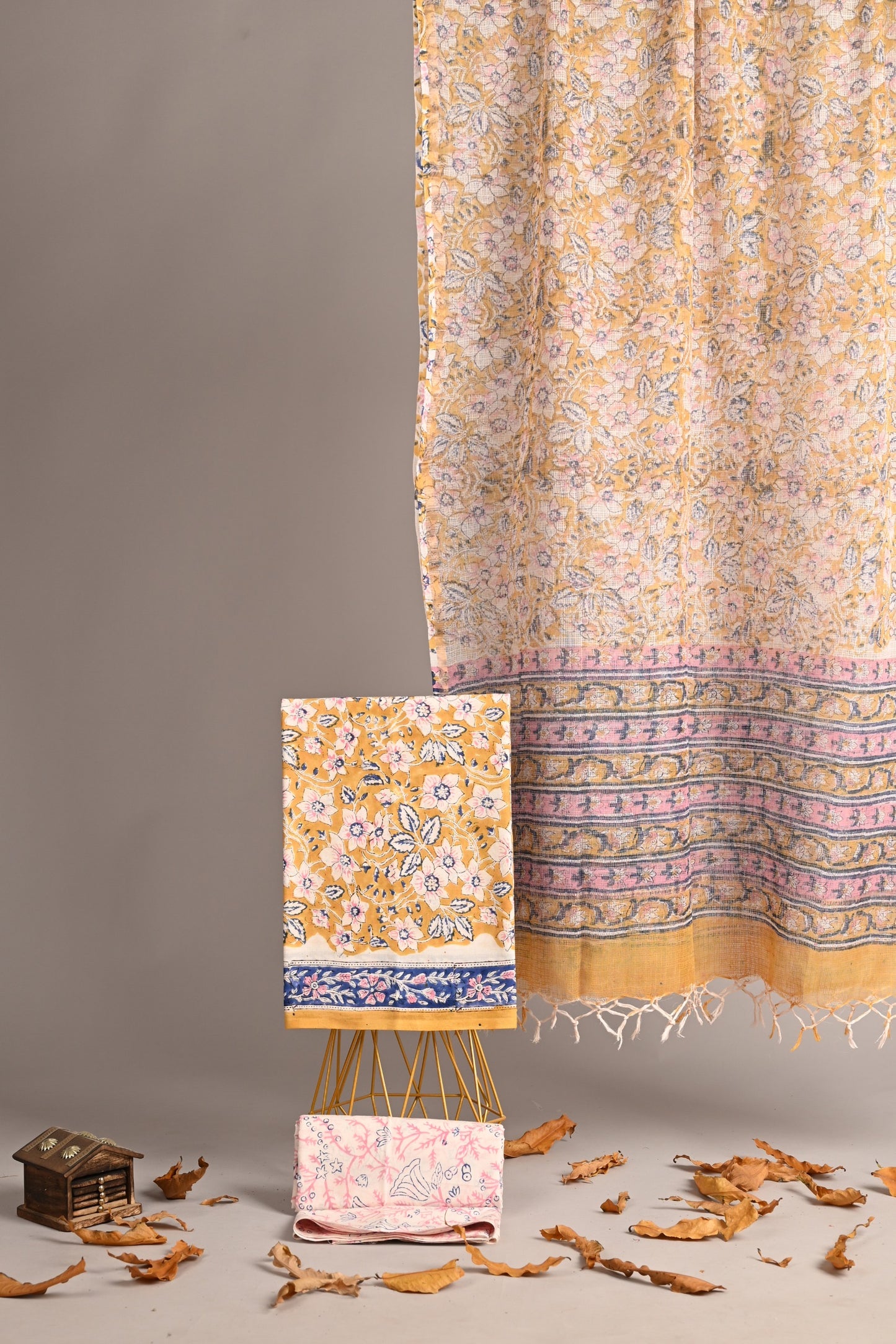 Sunehri Gul – Mustard Floral Cotton Suit with Kota Doria Dupatta
