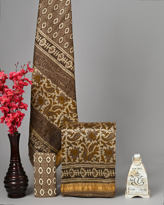 Classic Beige Ajrakh Handblock Printed Maheshwari Silk Suit Set