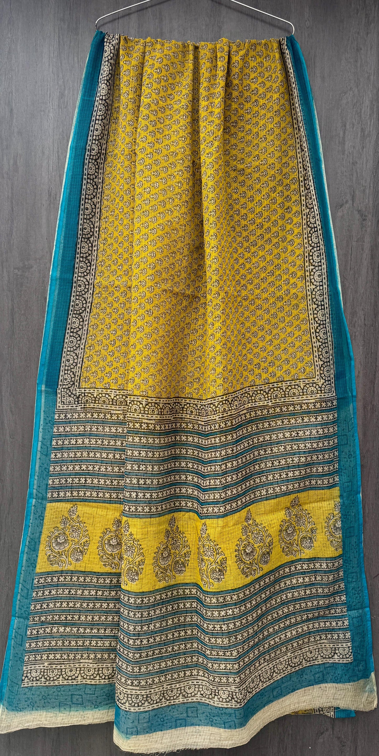 Mustard & Teal Royal Motif Kota Doria Saree (With Blouse)