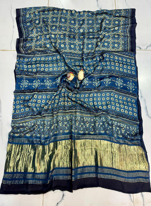 “Neelkamal – Indigo Ajrakh Saree with Zari Tissue Pallu”