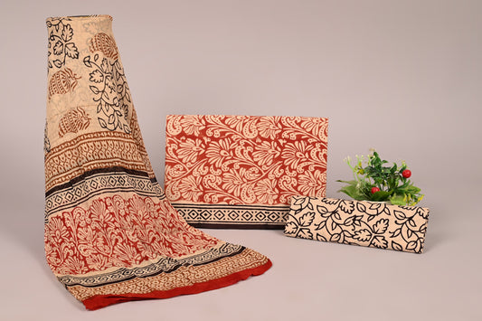 Rust Red Bagru Print Cotton Suit with Handblock Floral Motifs