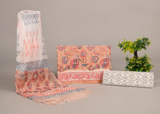 🌼 Peach & Blue Handblock Printed Cotton Suit Set with Chiffon Dupatta