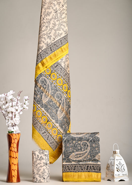 Grey & Mustard Maheshwari Silk Handblock Printed Suit – Paisley Elegance