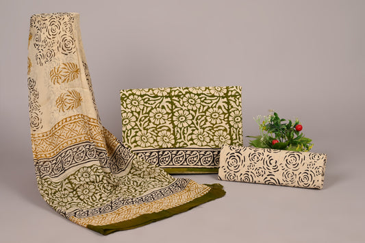 Olive Green & Beige Floral Handblock Cotton Suit Set With Chiffon Duptta