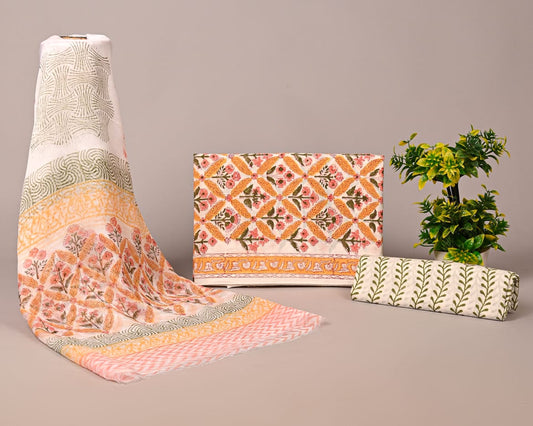 🌿 Peach & Olive Green Block Printed Cotton Suit Set with Chiffon Dupatta