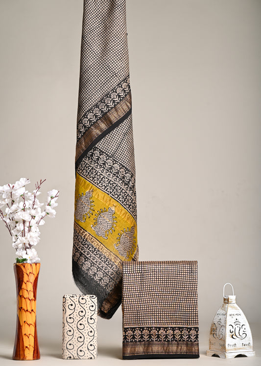 Checkered Maheshwari Silk Handblock Printed Suit – Mustard Paisley Accent