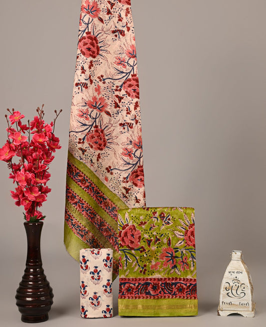 Green Floral Handblock Printed Maheshwari Silk Suit Set