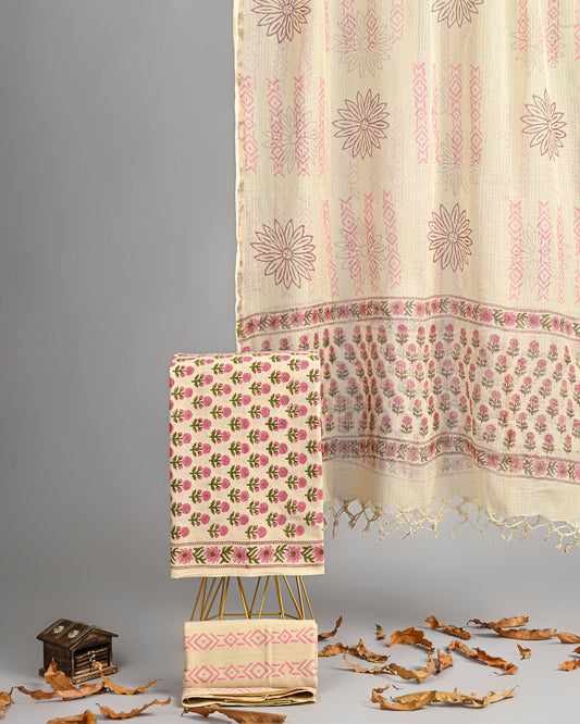 Handblock Printed Cotton Suit in Cream with Pink Floral Print and Kota Doria Dupatta