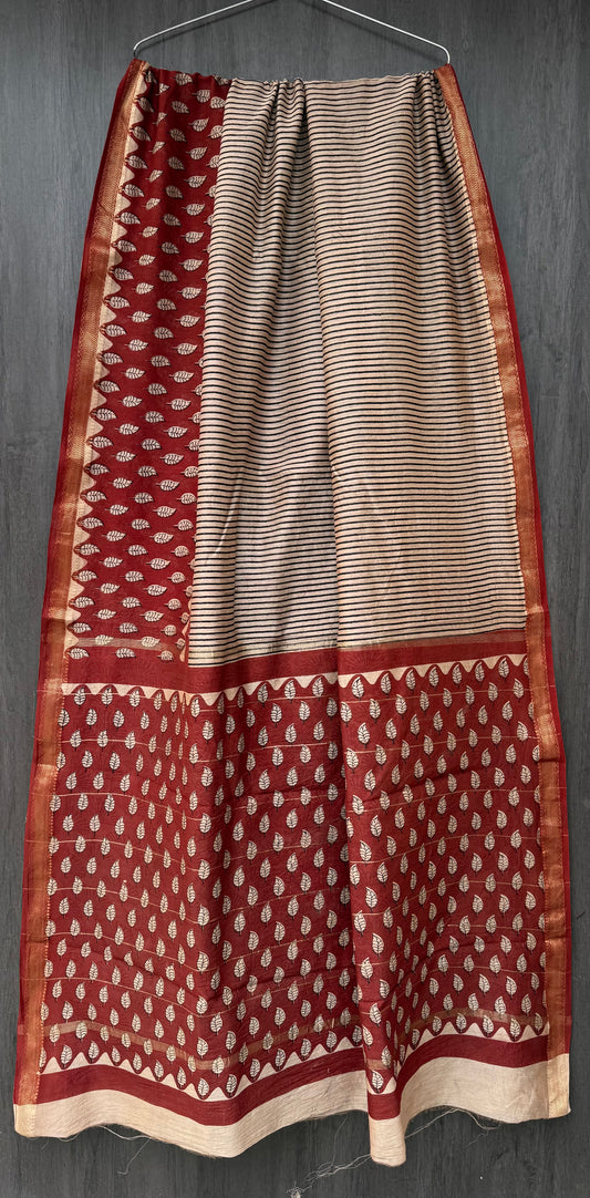 Maroon Handwoven Saree with Stripes & Leaf Motifs (With blouse)