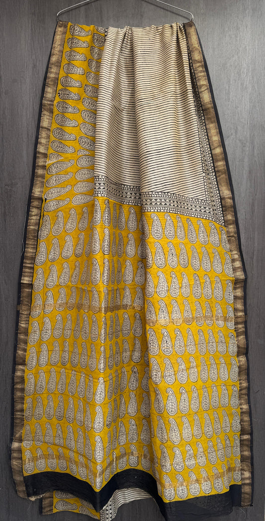 Bagru Handblock Printed Maheshwari Silk Saree – Mustard Elegance