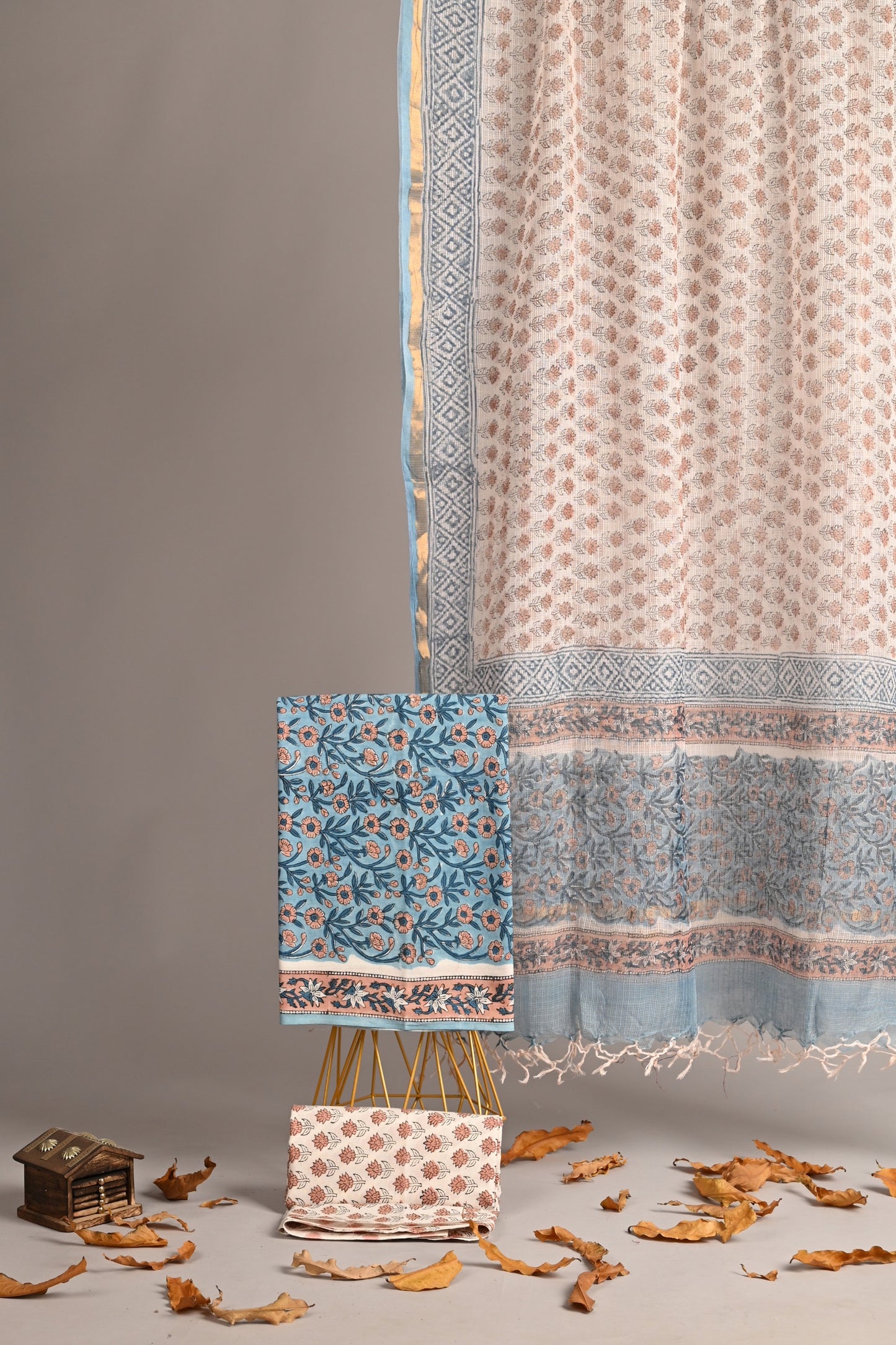 Neel Gulab – Blue Floral Handblock Cotton Suit with Kota Doria Dupatta