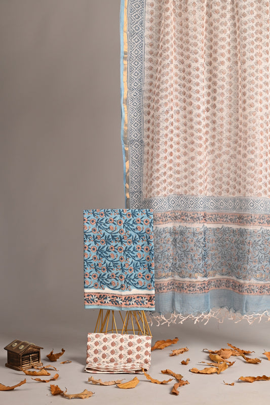 Neel Gulab – Blue Floral Handblock Cotton Suit with Kota Doria Dupatta