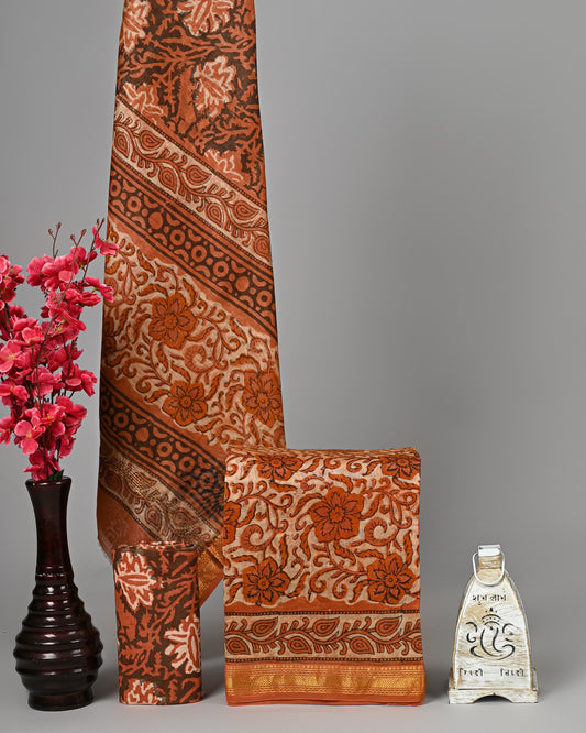 Rust Ajrakh Handblock Printed Maheshwari Silk Suit Set