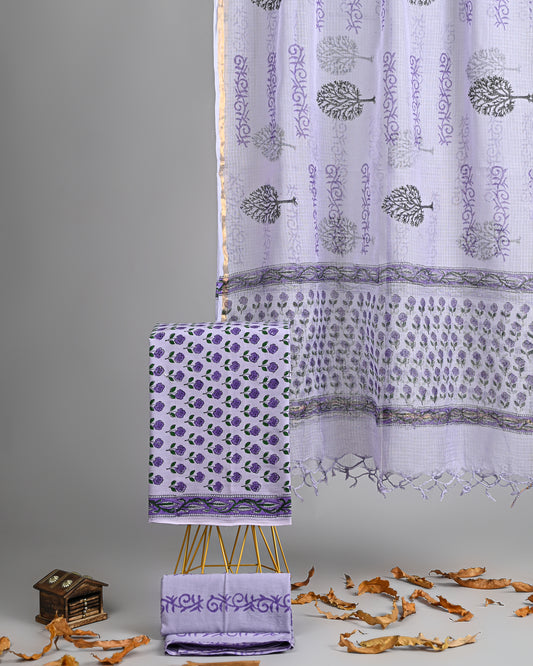 Lavender Garden – Handblock Cotton Suit with Kota Doria Dupatta