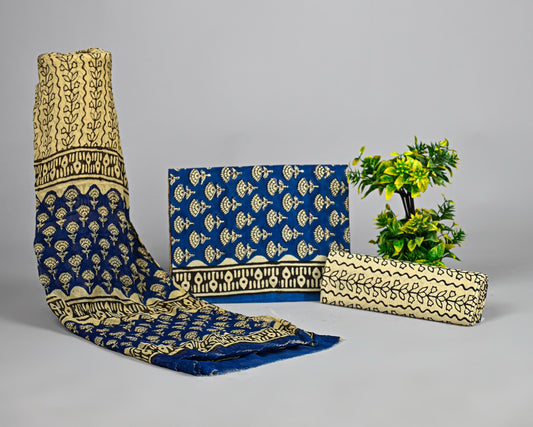 Elegant Blue & Cream Cotton Suit with Chiffon Dupatta