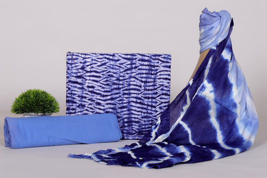 Blue Tie-Dye Cotton Suit with Chiffon Dupatta