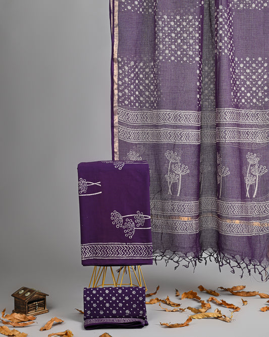Handblock Printed Cotton Suit in Deep Purple with Kota Doria Dupatta