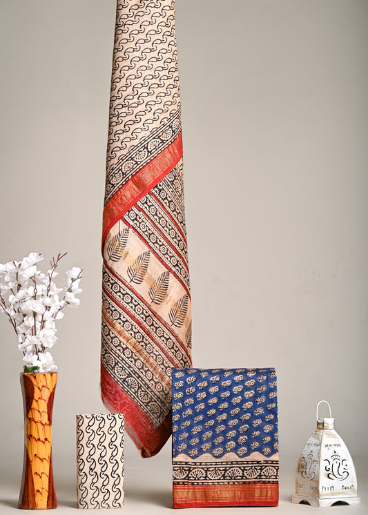 Royal Blue Maheshwari Silk Handblock Printed Suit – Leaf & Floral Harmony