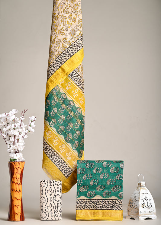 Bottle Green & Yellow Maheshwari Silk Handblock Printed Suit – Floral Delight
