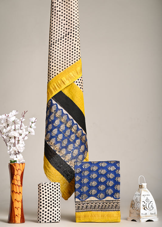 Bagru Handblock Printed Maheshwari Silk Suit with Zari Border – Indigo Blue & Mustard Yellow