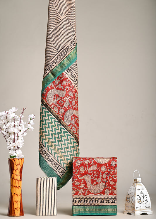 Peacock Motif Maheshwari Silk Handblock Printed Suit – Red & Green Elegance