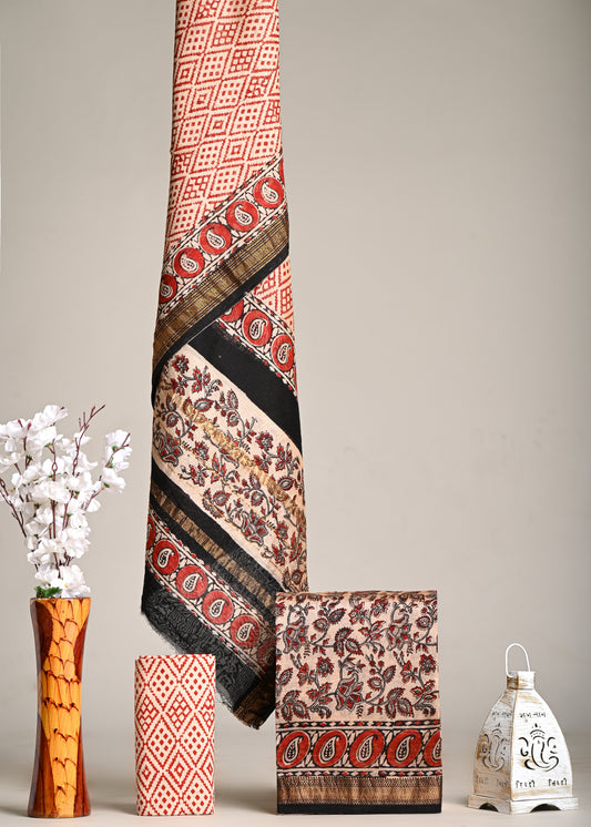 Elegant Maheshwari Silk Handblock Printed Suit – Red & Black Floral Motif