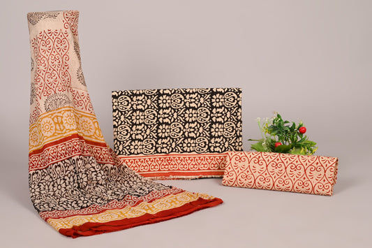 Black & Red Bagru Block Print Cotton Suit, Chiffon duptta Set with Ornamental Motifs