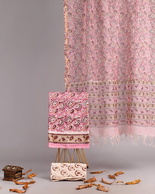 Gulab Vatika – Pink Handblock Cotton Suit with Kota Doria Dupatta