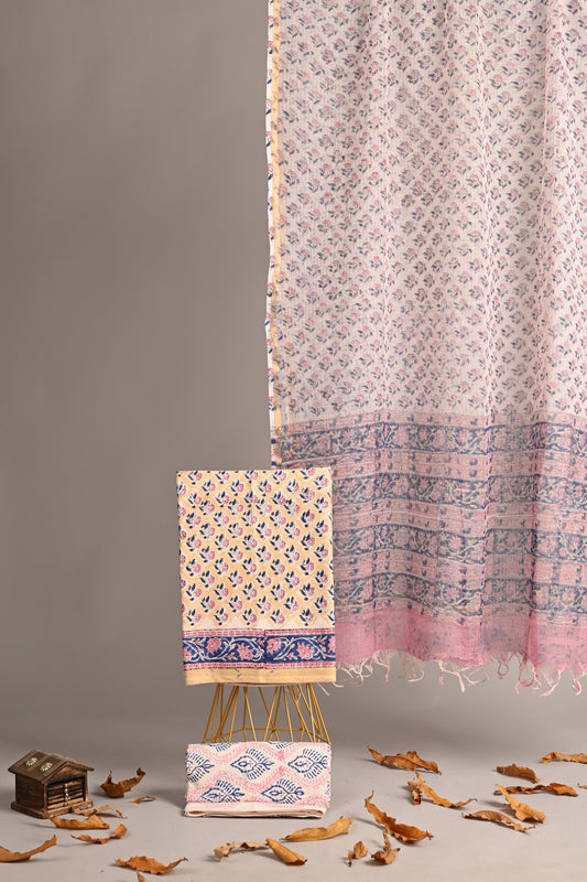 Gulbahar – Peach & Indigo Handblock Cotton Suit with Kota Doria Dupatta