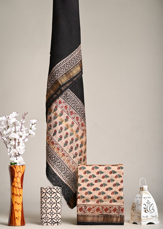 Bagru Handblock Printed Maheshwari Silk Suit with Black Dupatta – Beige Floral Buti Elegance