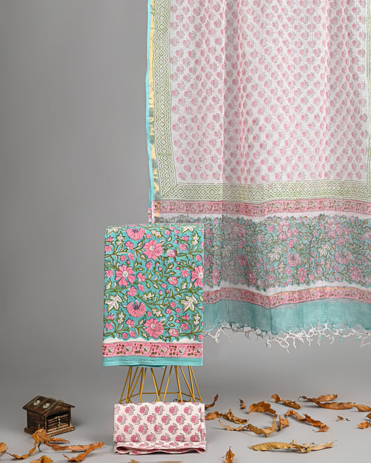 Aqua Blossom – Handblock Cotton Suit with Kota Doria Dupatta