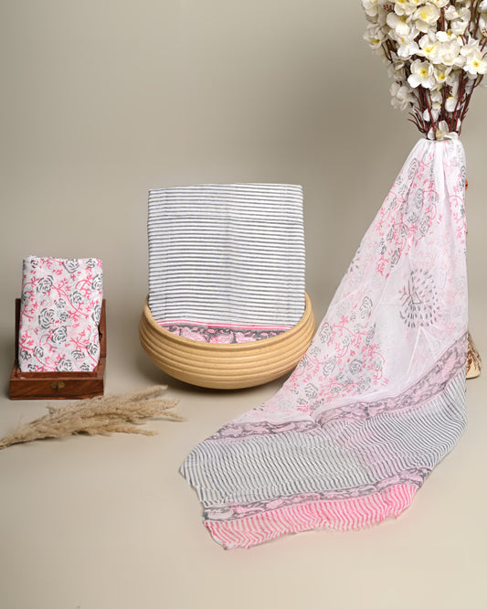 🌸 Pink Floral & Stripe Handblock Cotton Suit Set with Chiffon Dupatta