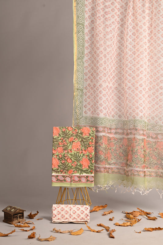 Gulmehndi – Olive Green Handblock Cotton Suit with Kota Doria Dupatta