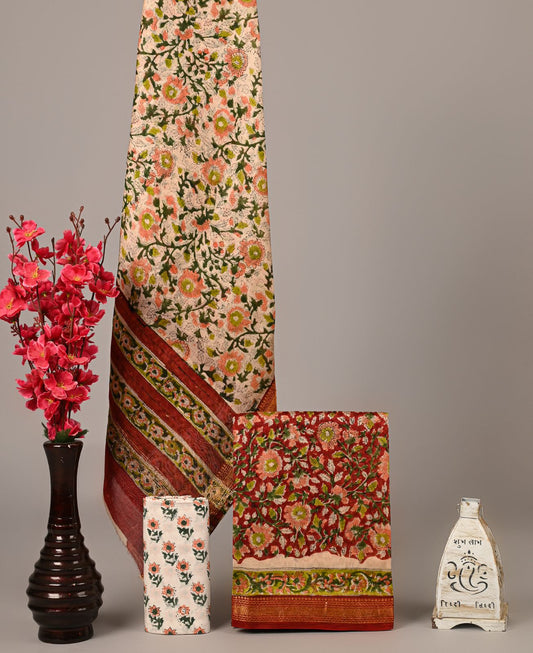 Peach Floral Handblock Printed Maheshwari Silk Suit Set