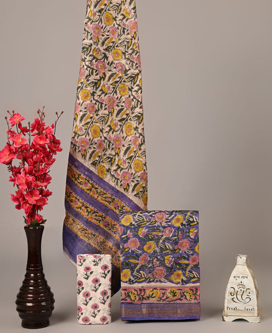 Floral Bloom Handblock Printed Maheshwari Silk Suit Set