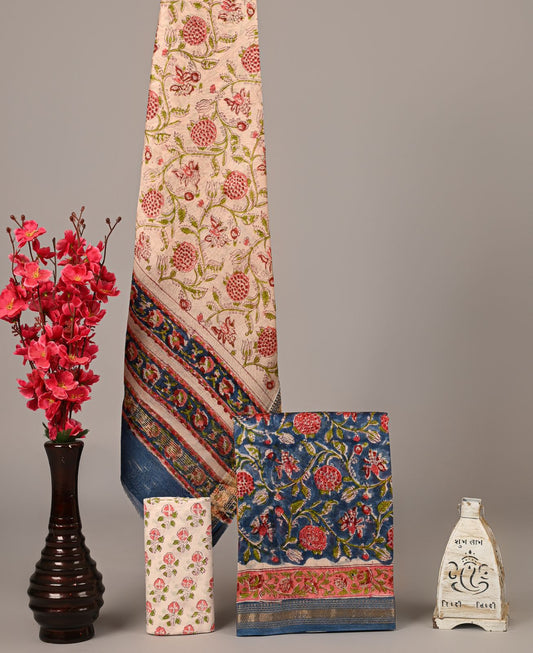Blue Floral Handblock Printed Maheshwari Silk Suit Set