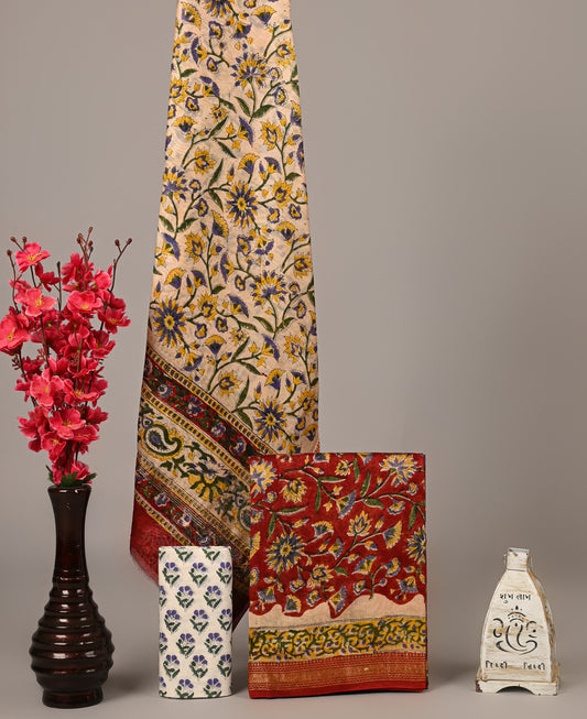 Red Floral Handblock Printed Maheshwari Silk Suit Set