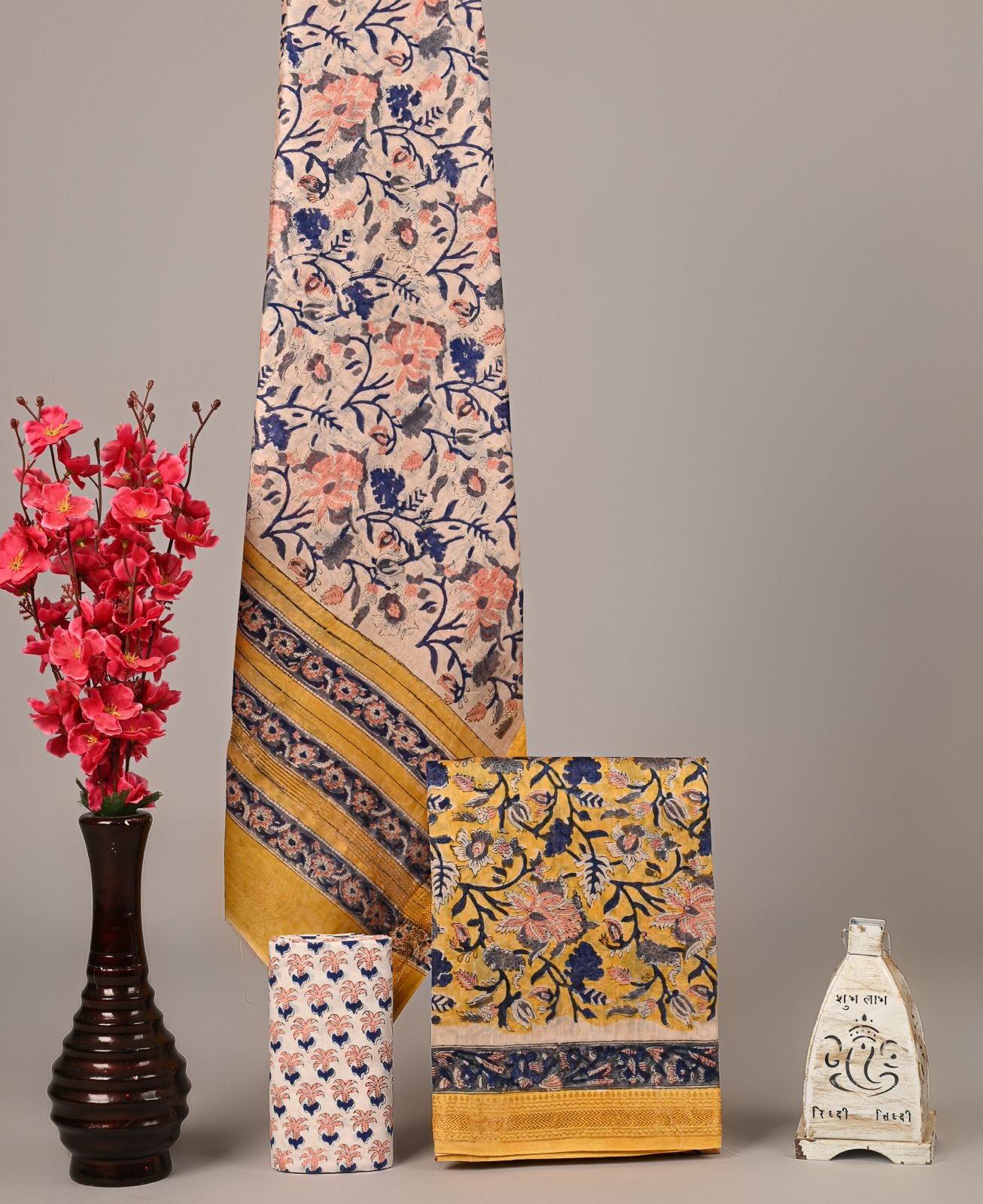 Yellow Floral Handblock Printed Maheshwari Silk Suit Set