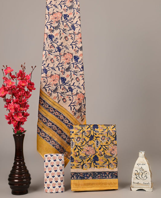 Yellow Floral Handblock Printed Maheshwari Silk Suit Set