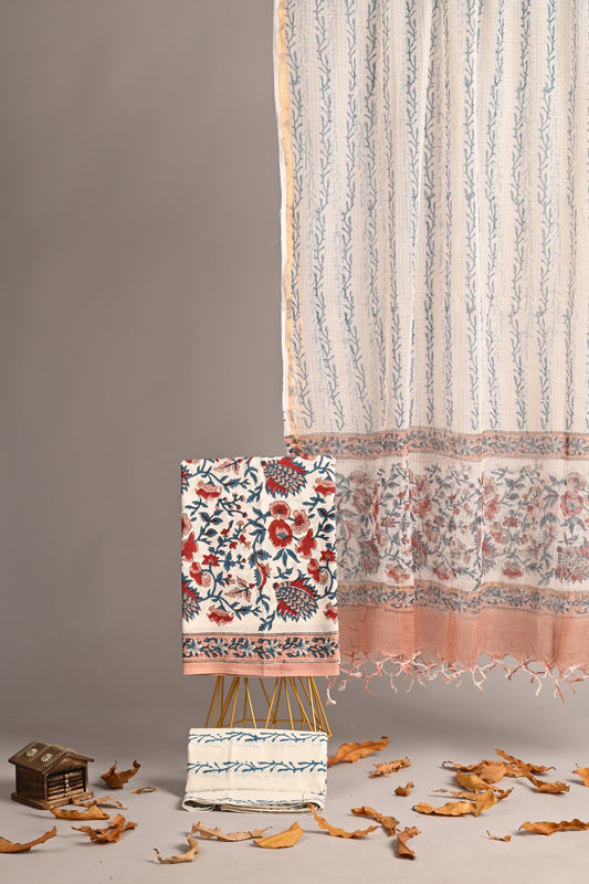 Aangan – Ivory Red Handblock Cotton Suit with Kota Doria Dupatta