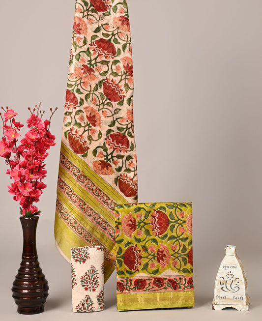 Peach-Red Floral Handblock Printed Maheshwari Silk Suit on Green Base