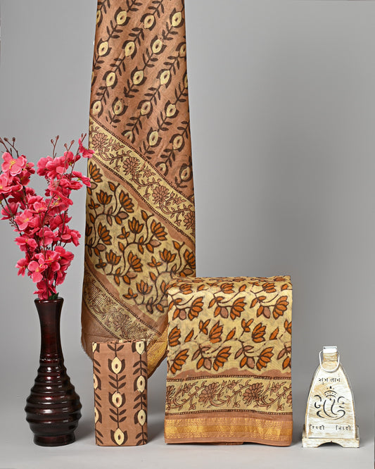 Leaf Motif Ajrakh Handblock Printed Maheshwari Silk Suit Set