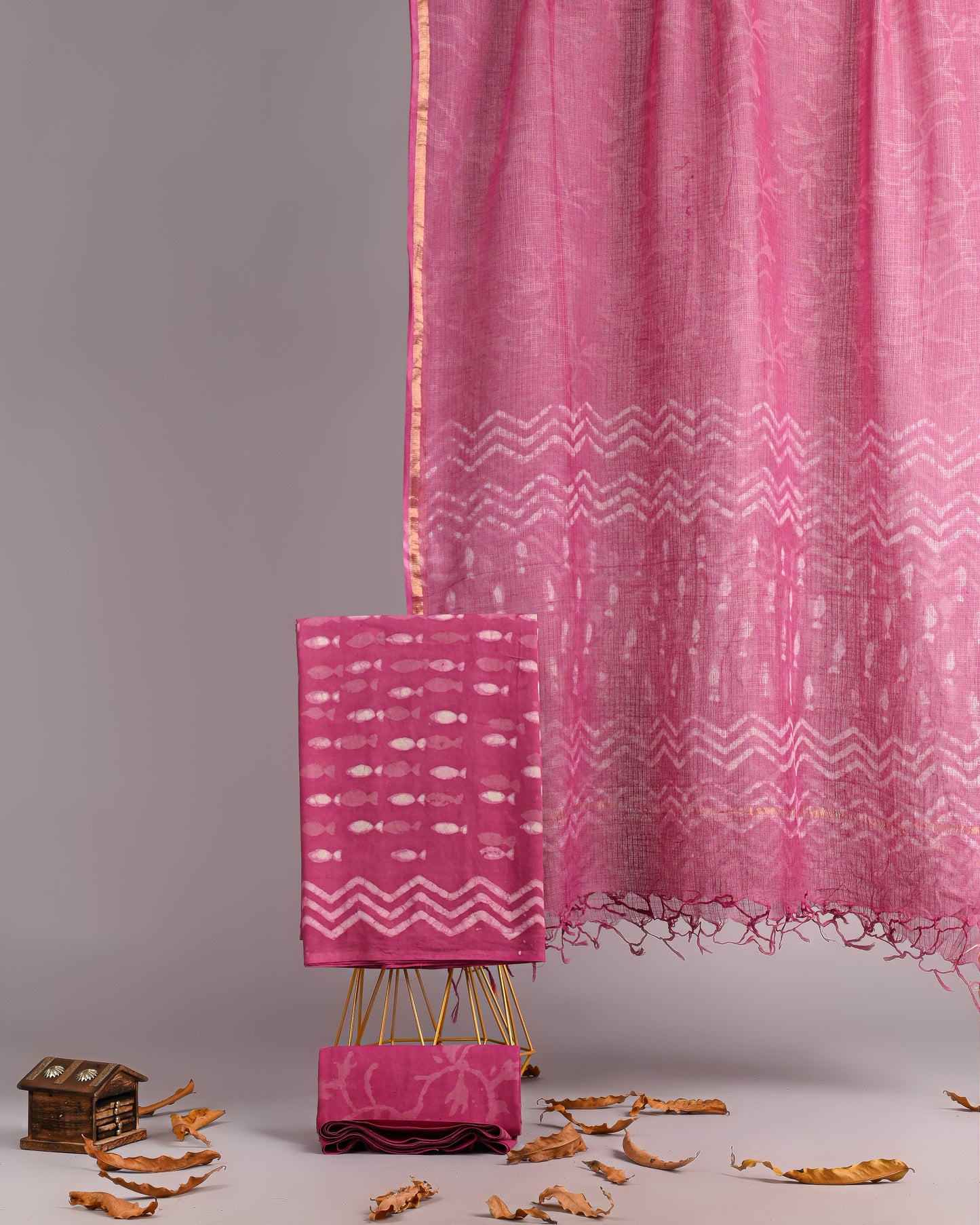 Rani Bandhej – Pink Handblock Cotton Suit with Kota Doria Dupatta