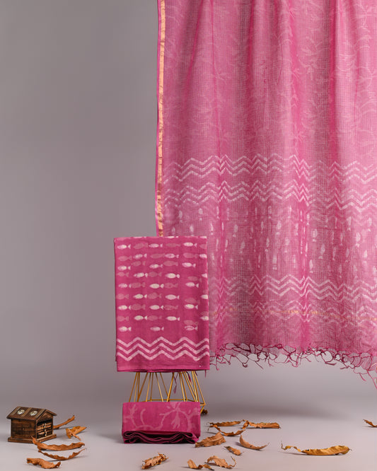 Rani Bandhej – Pink Handblock Cotton Suit with Kota Doria Dupatta