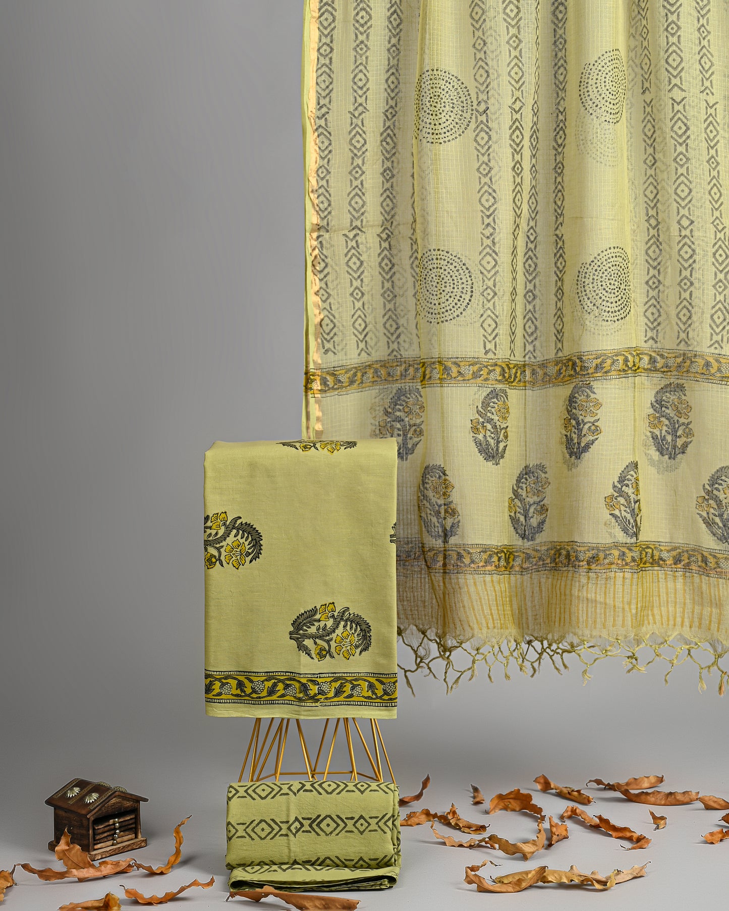 Handblock Printed Cotton Suit in Light Yellow with Kota Doria Dupatta