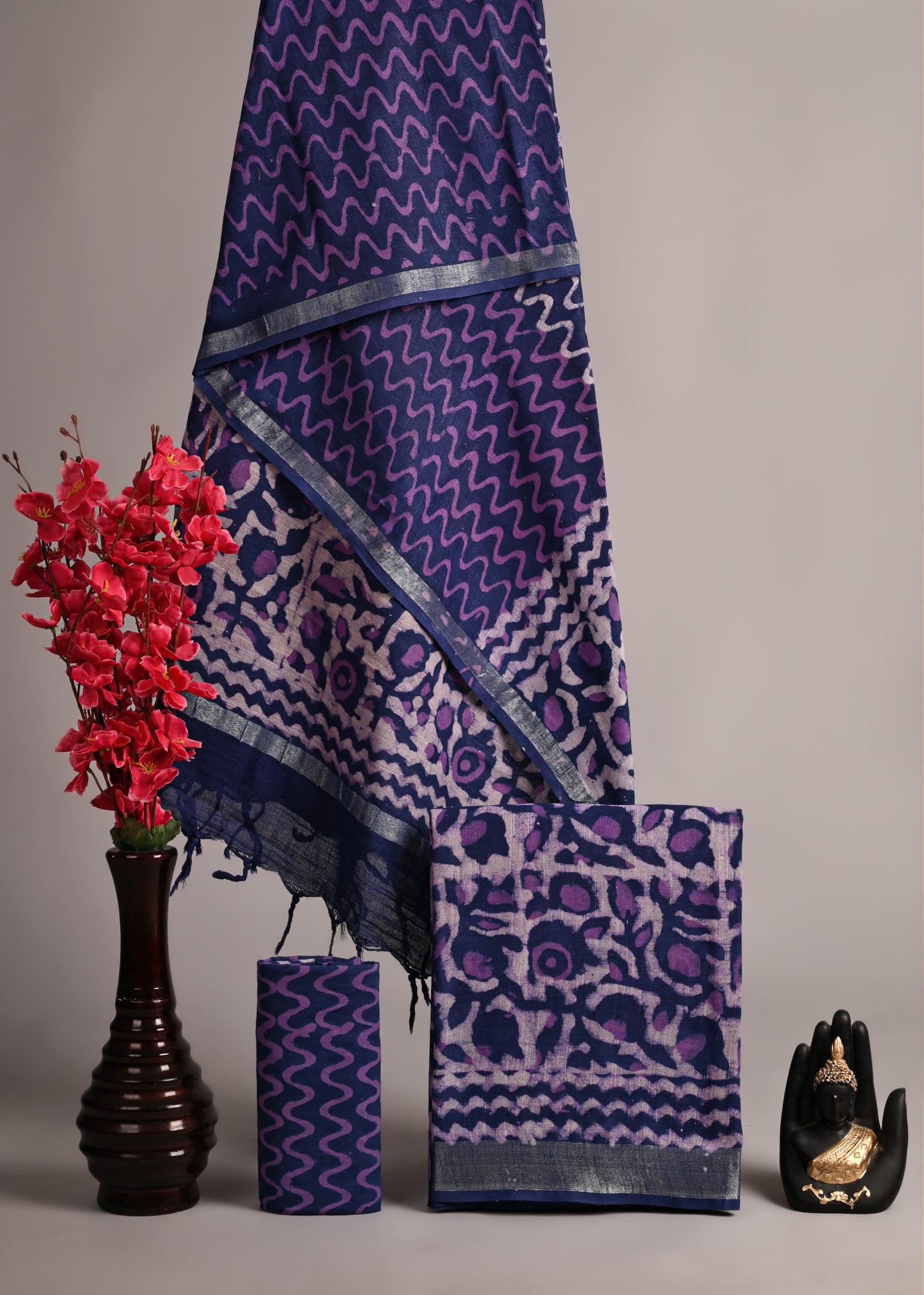 Midnight Indigo & Magenta Handblock Printed Cotton Suit Set